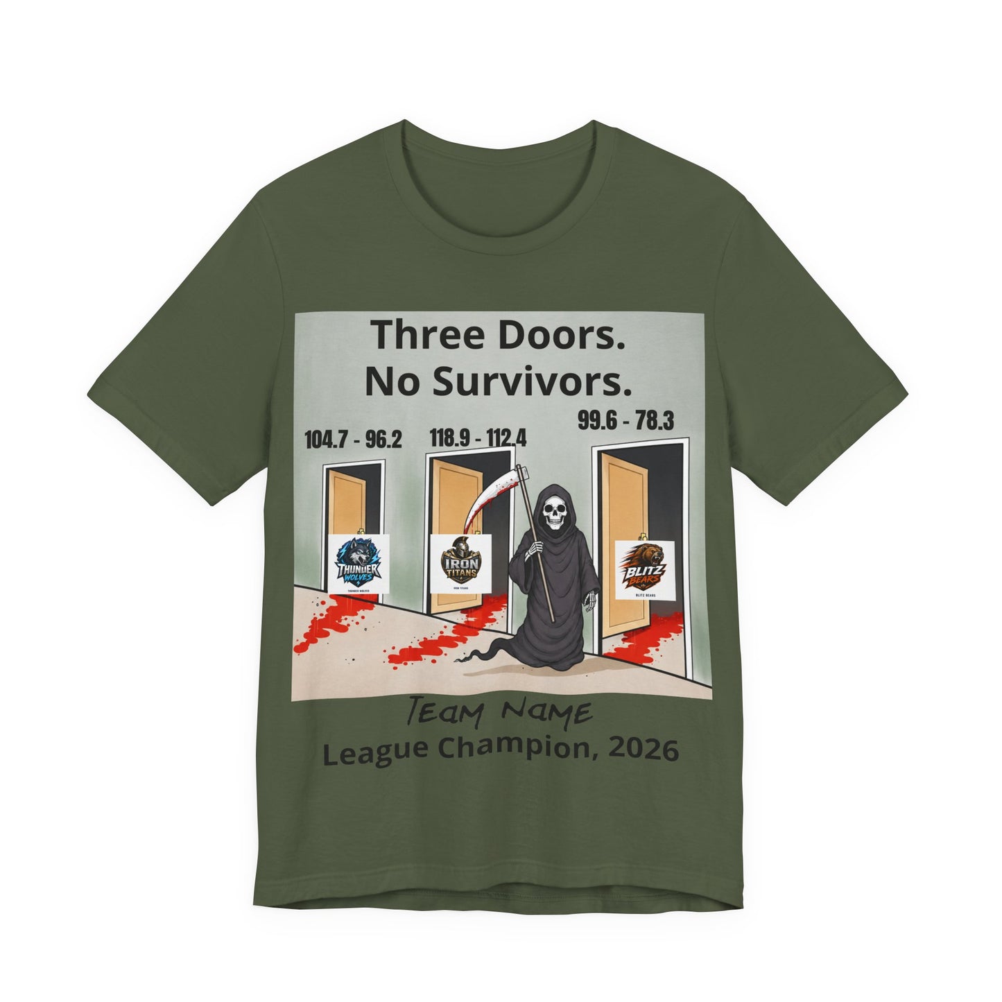 Military Green Bella+Canvas 3001 t-shirt printed with a grim reaper holding a bloodied scythe in a hallway of three open doors, the headline Three Doors. No Survivors. on the wall above, the final scores 104.7 - 96.2, 118.9 - 112.4 and 99.6 - 78.3 over the doors, the Thunder Wolves, Iron Titans and Blitz Bears logos in the doorways, and Team Name hand-lettered in black over League Champion, 2026 beneath.