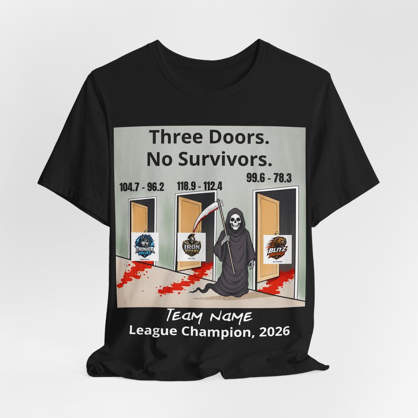 Black Bella+Canvas 3001 t-shirt printed with a grim reaper holding a bloodied scythe in a hallway of three open doors, the headline Three Doors. No Survivors. on the wall above, the final scores 104.7 - 96.2, 118.9 - 112.4 and 99.6 - 78.3 over the doors, the Thunder Wolves, Iron Titans and Blitz Bears logos in the doorways, and Team Name hand-lettered in white over League Champion, 2026 beneath.