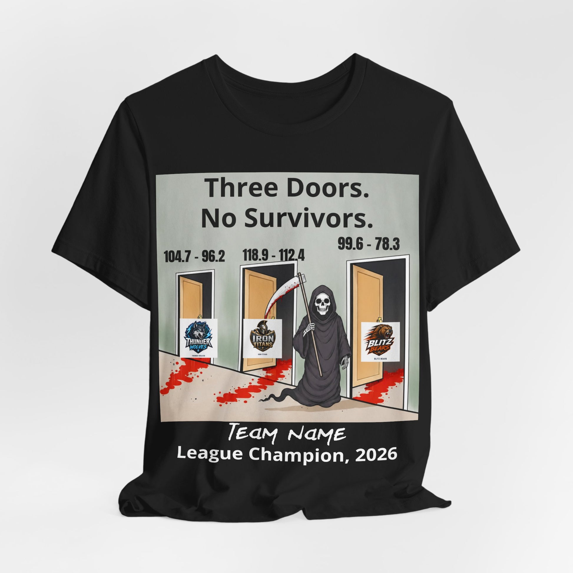 Black Bella+Canvas 3001 t-shirt printed with a grim reaper holding a bloodied scythe in a hallway of three open doors, the headline Three Doors. No Survivors. on the wall above, the final scores 104.7 - 96.2, 118.9 - 112.4 and 99.6 - 78.3 over the doors, the Thunder Wolves, Iron Titans and Blitz Bears logos in the doorways, and Team Name hand-lettered in white over League Champion, 2026 beneath.