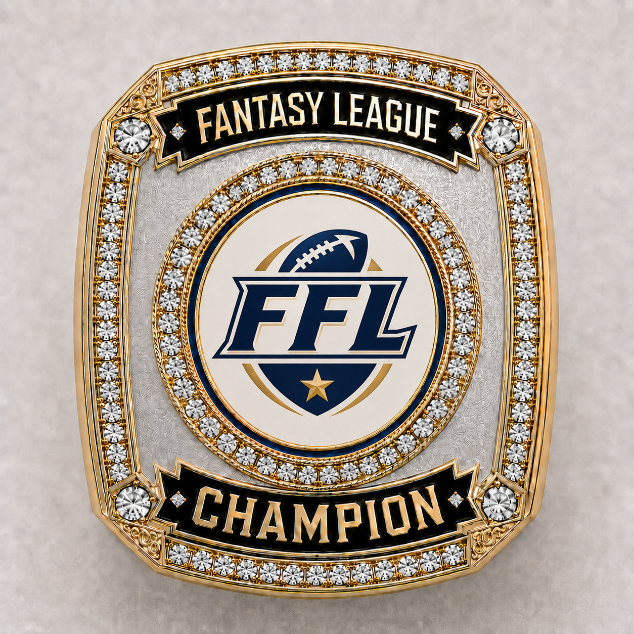 Custom League Champion Ring, face view. Two tone gold and silver ring with a stone set bezel and black enamel banners, the center medallion carrying a full color league shield where your league's own art goes.