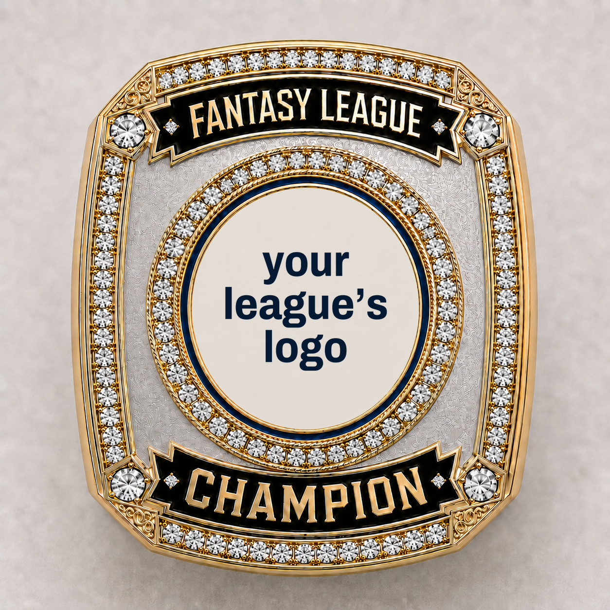 Custom fantasy football championship ring, face on, with the round medallion left open for your league's logo, FANTASY LEAGUE and CHAMPION banners in black enamel, and stone-set rails.