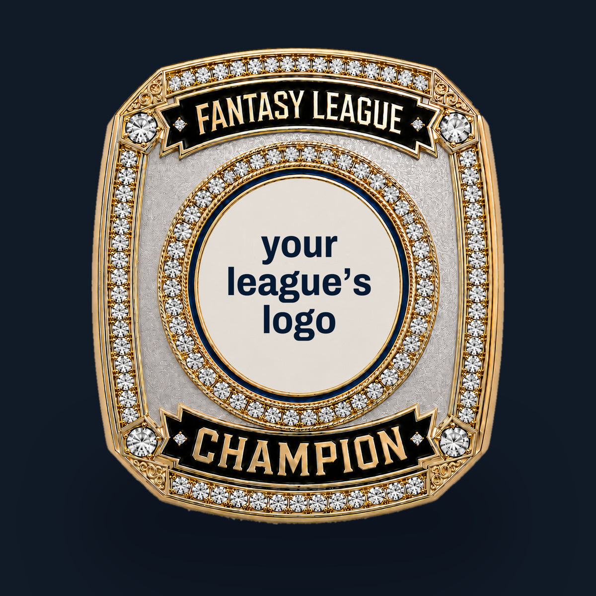 Custom fantasy football championship ring, face on, with the round medallion left open for your league's logo, FANTASY LEAGUE and CHAMPION banners in black enamel, and stone-set rails.