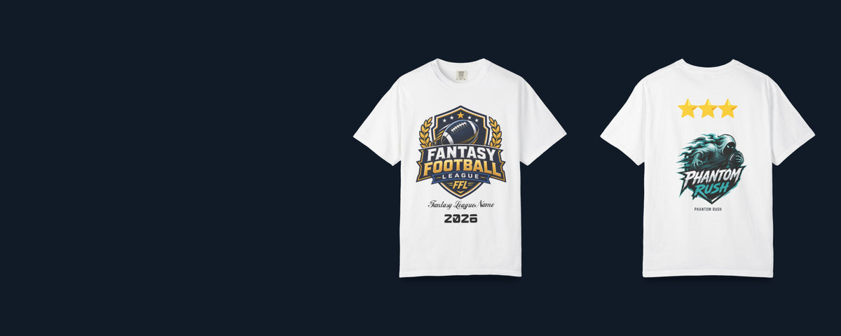 Front and back of a white Comfort Colors 1717 t-shirt, side by side. The front carries a shield crest with gold laurels reading FANTASY FOOTBALL LEAGUE, FFL on its banner, Fantasy League Name in script beneath it and 2026 in block numerals. The back carries three gold stars in a row across the shoulders above a teal and white hooded phantom holding a football over PHANTOM RUSH lettering, with PHANTOM RUSH in small caps beneath.