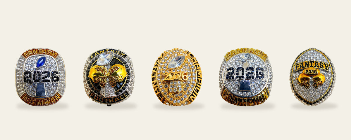 The five ready made 2026 fantasy football championship rings in a row: Gold, Black and White, All Gold, Two-Tone, and Whiteout.