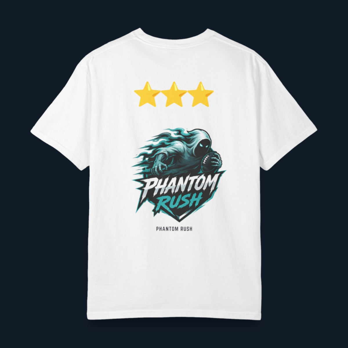 Back of a white Comfort Colors 1717 t-shirt with three gold stars in a row across the shoulders above a teal and white hooded phantom holding a football over PHANTOM RUSH lettering, with PHANTOM RUSH in small caps beneath.